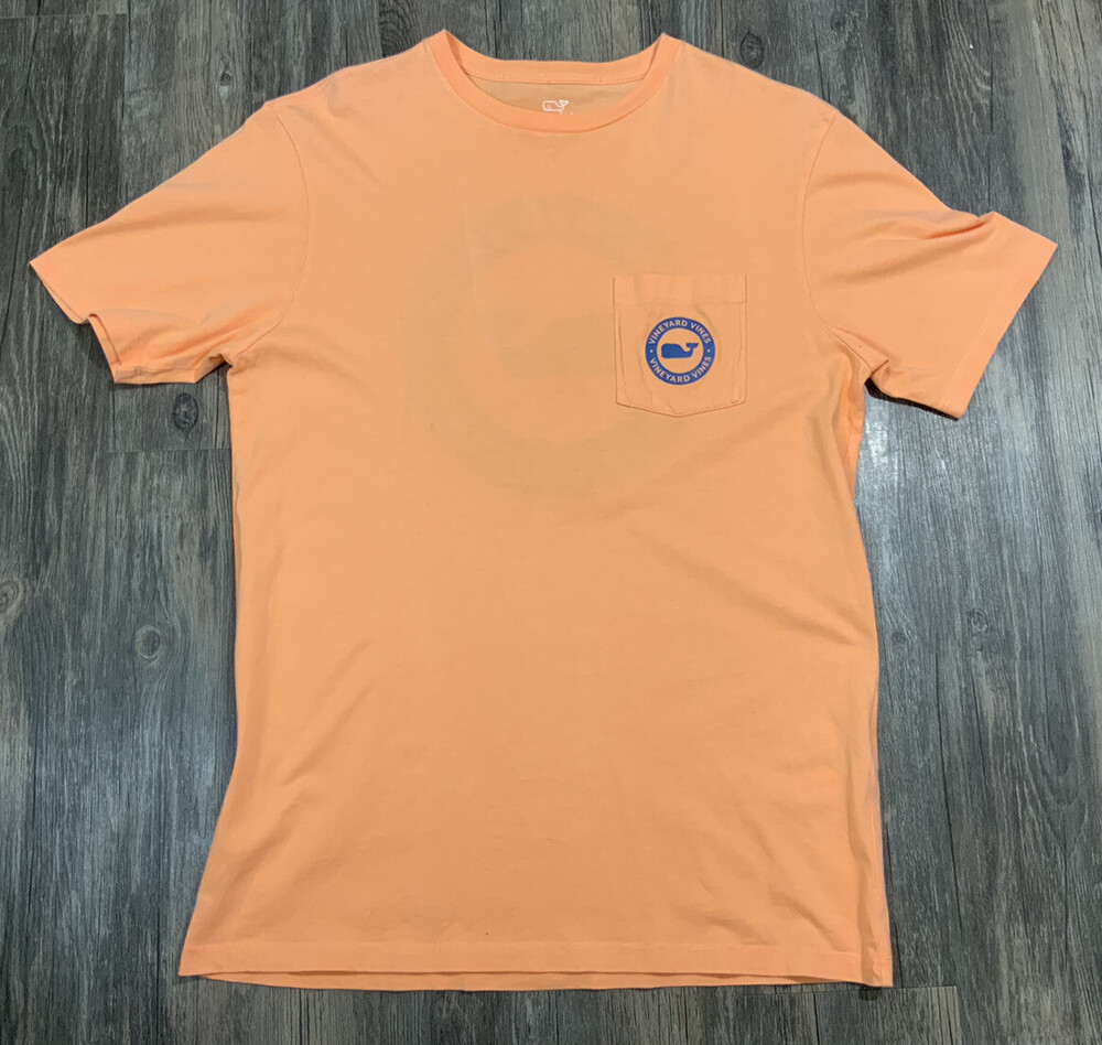 Vineyard Vines T-Shirt Size S Orange Spell Out Graphic Double Sided Cotton Mens